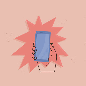 Illustrated Hand Holding a Smartphone with Visual Effect in the Background