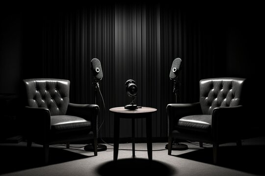 Cozy podcast room with two chairs and microphones, isolated on a dark background, warm ambient lighting creates a comfortable atmosphere for sincere discussions. generative ai