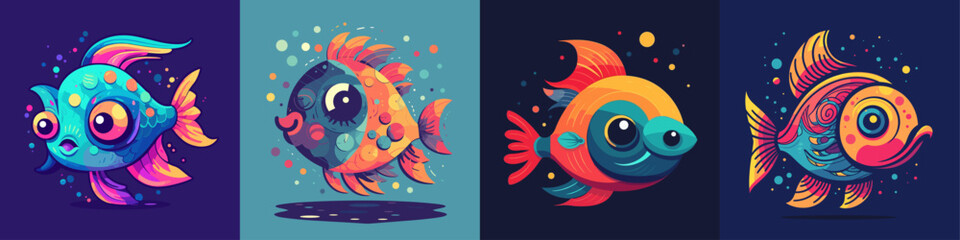 Flat color vector of colorful fishes set collection