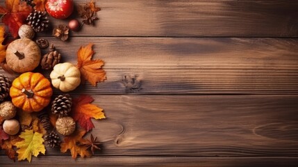 Copyspace background with autumn decor. Wallpaper template created using generative AI Tools.