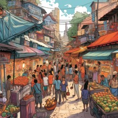 Bustling street market in a vibrant multicultural city