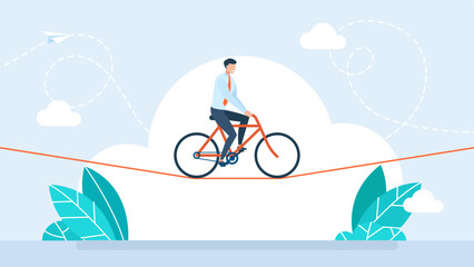 Businessman is riding a bicycle on the rope. Acrobat, performer, challenge concept. Young man acrobat circus artist riding on bike on rope over blue sky. Confidence skill success. Vector illustration © Yurii