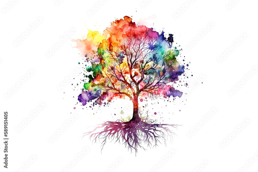 Poster a tree with roots is drawn with watercolors isolated on a white background. generated by ai