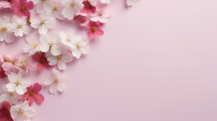 Copyspace background with cherry blossom decor. Wallpaper template created using generative AI Tools.