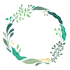 Fototapeta na wymiar Green wreath with plants and leaves. Modern vector illustration. Isolated graphic artwork. 