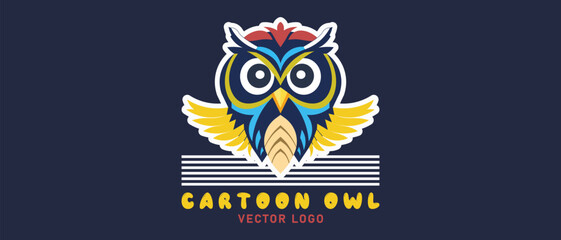 Vector cartoon colored cute stylistic owl with spread wings. Logo, sticker or emlem. Dark background.