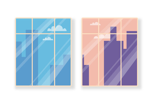 Windows overlooking the city. Tall houses and clouds in the window. The sky in the window. Stylish windows. Flat style illustration.