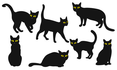 A set of black cats in different poses for Halloween. Cats in a simple black style with bright yellow eyes. A collection of elements with different emotions in a cat