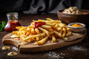 Generative AI illustration of delicious French fries served on wooden board with ketchup and mustard in wooden bowl garnished with salt