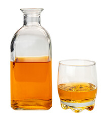 Glass bottle whiskey , or whisky or bourbon, near a glass of whiskey,  isolated