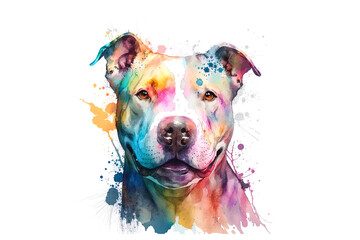 pit bull drawn with multi-colored watercolors isolated on a white background. Generated by AI - obrazy, fototapety, plakaty