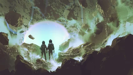 Poster the couple standing and looking at a glowing sphere ball in the cave, digital art style, illustration painting © grandfailure