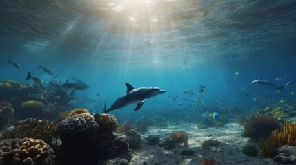 Naklejka na ściany i meble Dive into the Vibrant & Detailed Underwater World: Experience a Pod of Playful Dolphins in Ultra HD & Ultra-wide Angle with Stunning OC Rendering, Generative AI