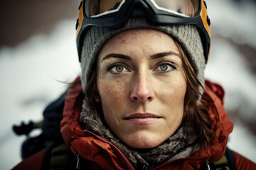 Generative AI portrait of woman in warm clothes and ski goggles looking at camera while standing against snowy mountains in winter