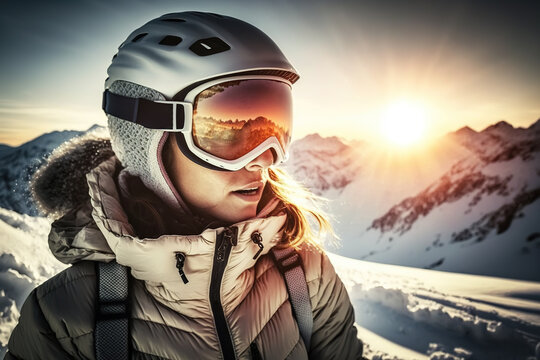 AI generated image of young female traveler in warm clothes ski helmet and goggles looking away while standing on snowy mountain slope in evening