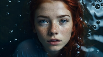 Red hair blue eyes young female adult with freckles and lovely eyes laying on the surface of water, generative ai