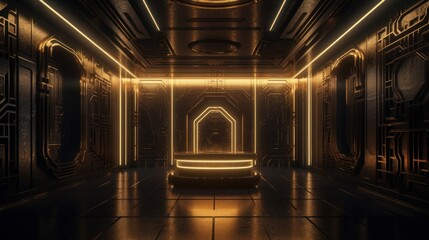 Naklejka premium Stunning Award-Winning Rich Gold & Dark Gray Interior Luxury featuring Unique Digital Art and Intricate 8K-HD Shiny Walls with Neon Lights and Wallpaper, Generative AI