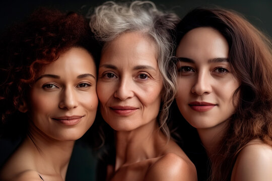 Generative AI illustration of adult content multiracial females with bare shoulders looking at camera on black background
