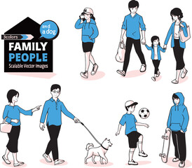Family people scene. People of all ages and a dog. Vector Illustration.