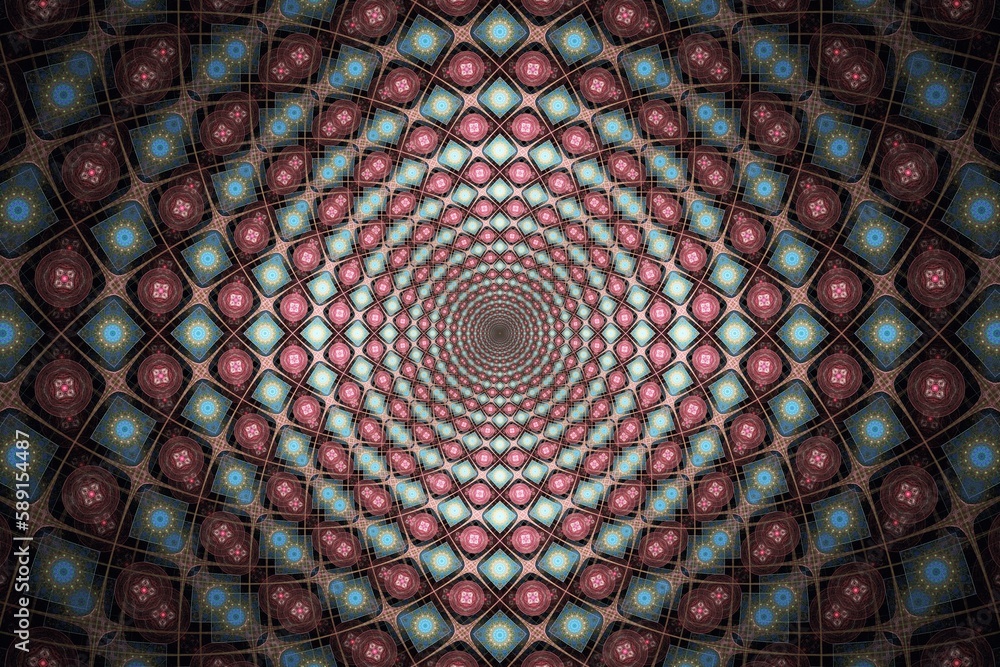 Poster red blue round pattern in a cage from squares and circles on a black background. abstract fractal 3d
