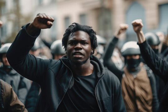 Generative AI illustration of confident young African American male wearing black jacket standing with raised fist against crowd during protest on street