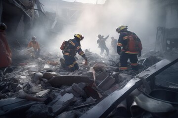 Firefighters Rescue Survivors from Rubble.Courageous firefighters work tirelessly to save lives after an earthquake. Generative AI