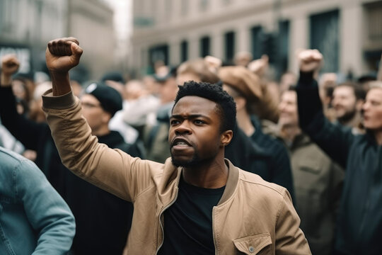 Generative AI illustration of confident young African American male standing with raised fist against crowd during protest on street