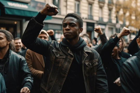 Generative AI illustration of confident young African American male standing with raised fist against crowd during protest on street