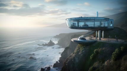 Fototapeta na wymiar Blue Horizon: Luxury Smart Home on Cliff with Sweeping Ocean Views, Retractable Helipad, and High-Performance Electric Sports Car, Generative AI