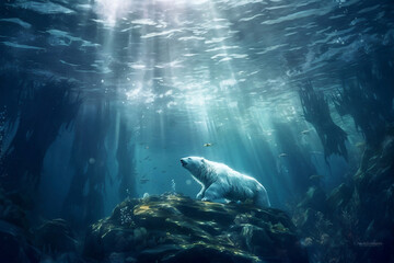 Fototapeta premium Polar Bear swimming in the water, generative ai