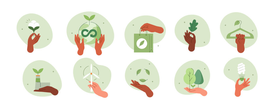 Climate change illustration set. Characters hands holding planet earth, power saving lamp and other objects as metaphor for green industry, forest conservation and sustainability. Vector illustration.