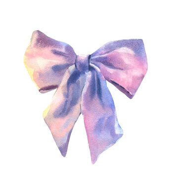 Watercolor pupple bow. Hand painted gift bow or hair bow isolated on white background. Party or greeting object, bow for your creativity