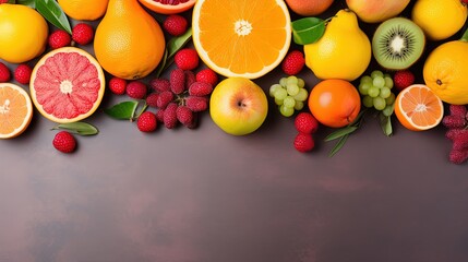 Copyspace background with fruit decor. Wallpaper template created using generative AI Tools.