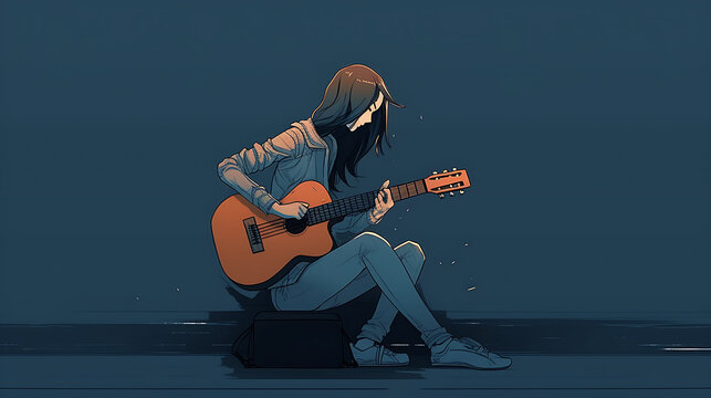 A lonely woman playing acoustic guitar on street walk way, blue background copy space, generative ai