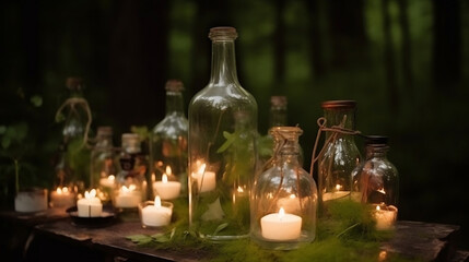 Obraz na płótnie Canvas Wedding decor - candles in glass flasks in the forest. Generative AI.