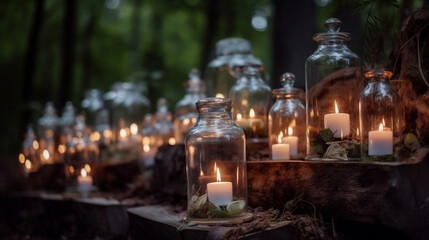 Wedding decor - candles in glass flasks in the forest. Generative AI.