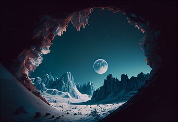 Cold blue mountain landscape and moon visible from rocky cave. Postproducted generative AI digital illustration