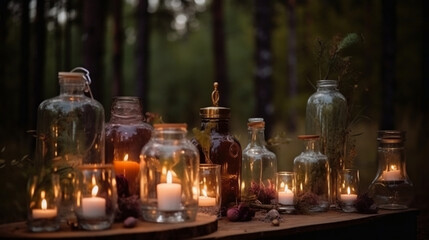 Wedding decor - candles in glass flasks in the forest. Generative AI.	