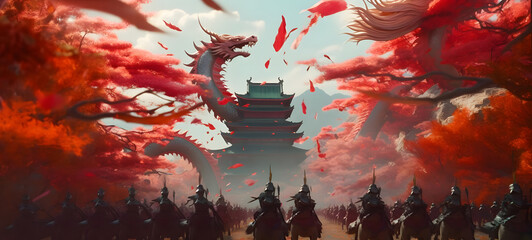 Fototapeta na wymiar Dragon Attack in Ancient China