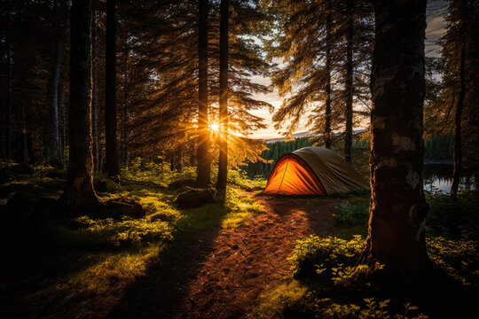 Generative AI illustration of camping tent placed in evergreen forest with coniferous trees in sunset time in nature