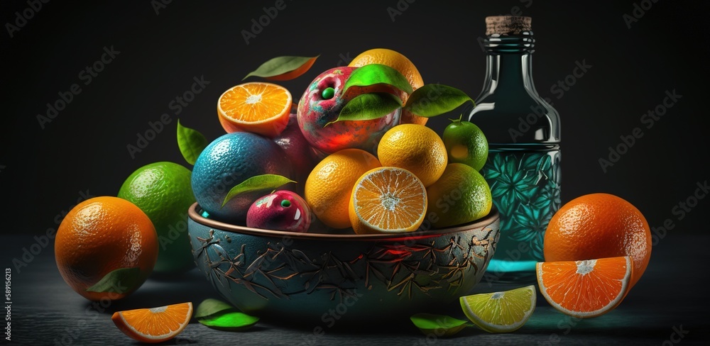 Poster top close-up of a dish of citrus fruit sitting on a table piled high with bottles of brightly colore