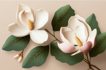 Natural Floral Composition: Magnolia Flowers, Peonies, and Leaves on Light Background
