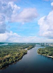 Aerial drone view of Dnipro river and Kyiv city.