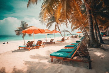 Obraz na płótnie Canvas Beach chairs, umbrella and palms on the beach, generative ai