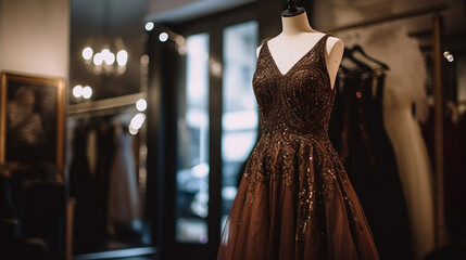 Midsize short length evening Dress for a wedding event on a stand In a dress shop. Generative AI.