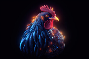 Chicken with light that is in the digital world on a dark background. Farm animals. illustration, generative AI.