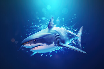 Fototapeta premium Shark with light that is in the digital world on a dark background. Sea animals. illustration, generative AI.
