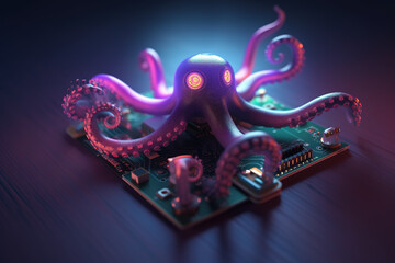 An octopus with light that is in the digital world on a dark background. Sea animals. illustration, generative AI.