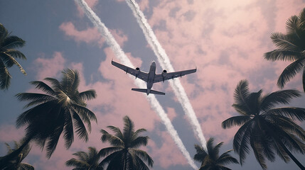 plane flying over coconut trees creating two white cloud lines of started by a bill tube. Generative AI.