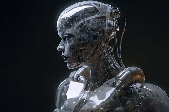 Generative AI illustration of side view of transparent humanoid cyborg against black background